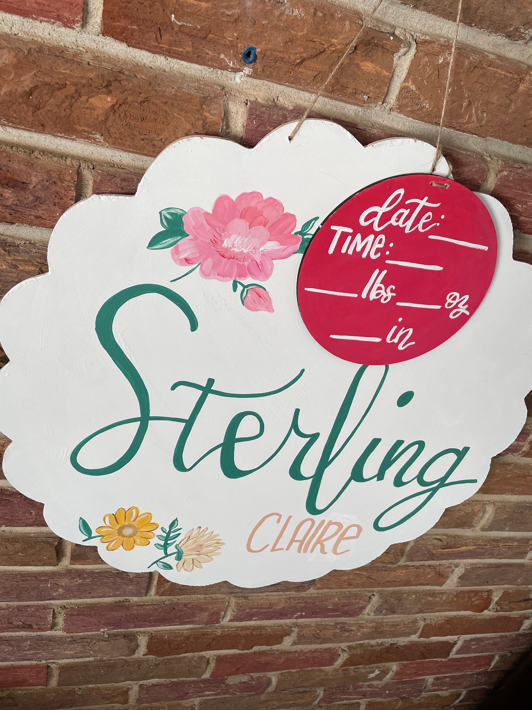 Hand Painted Flower Baby Girl Announcement Sign, Wood Hospital Door Hanger