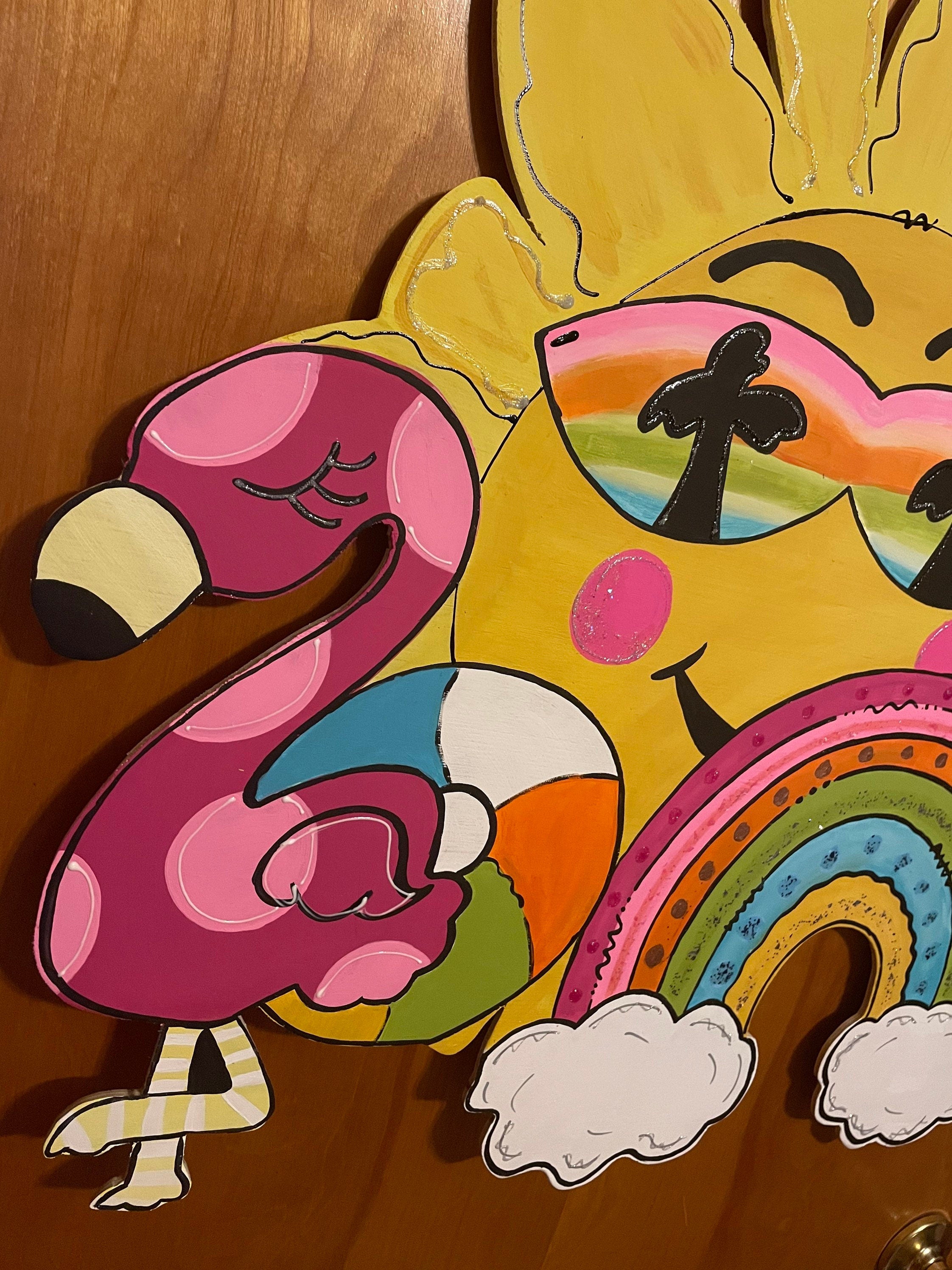 Hand Painted Sunny Flamingo Plywood Door Hanger, Summer Rainbow Decor (22")