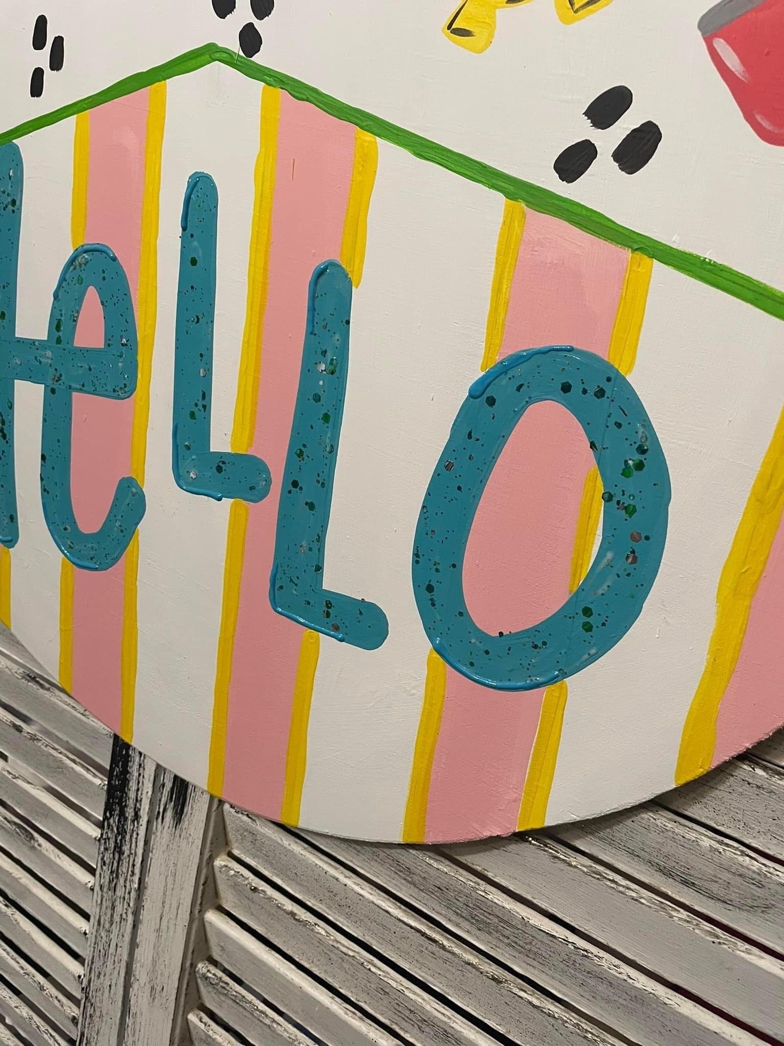 Hand Painted Summer Door Hanger, Hello, Colorful Drink Tumblers