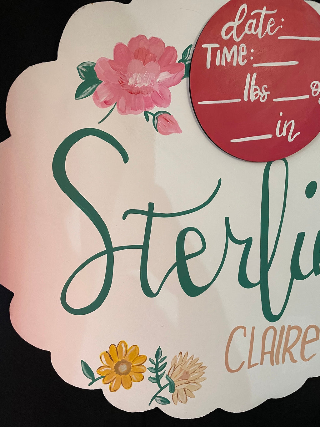 Hand Painted Flower Baby Girl Announcement Sign, Wood Hospital Door Hanger