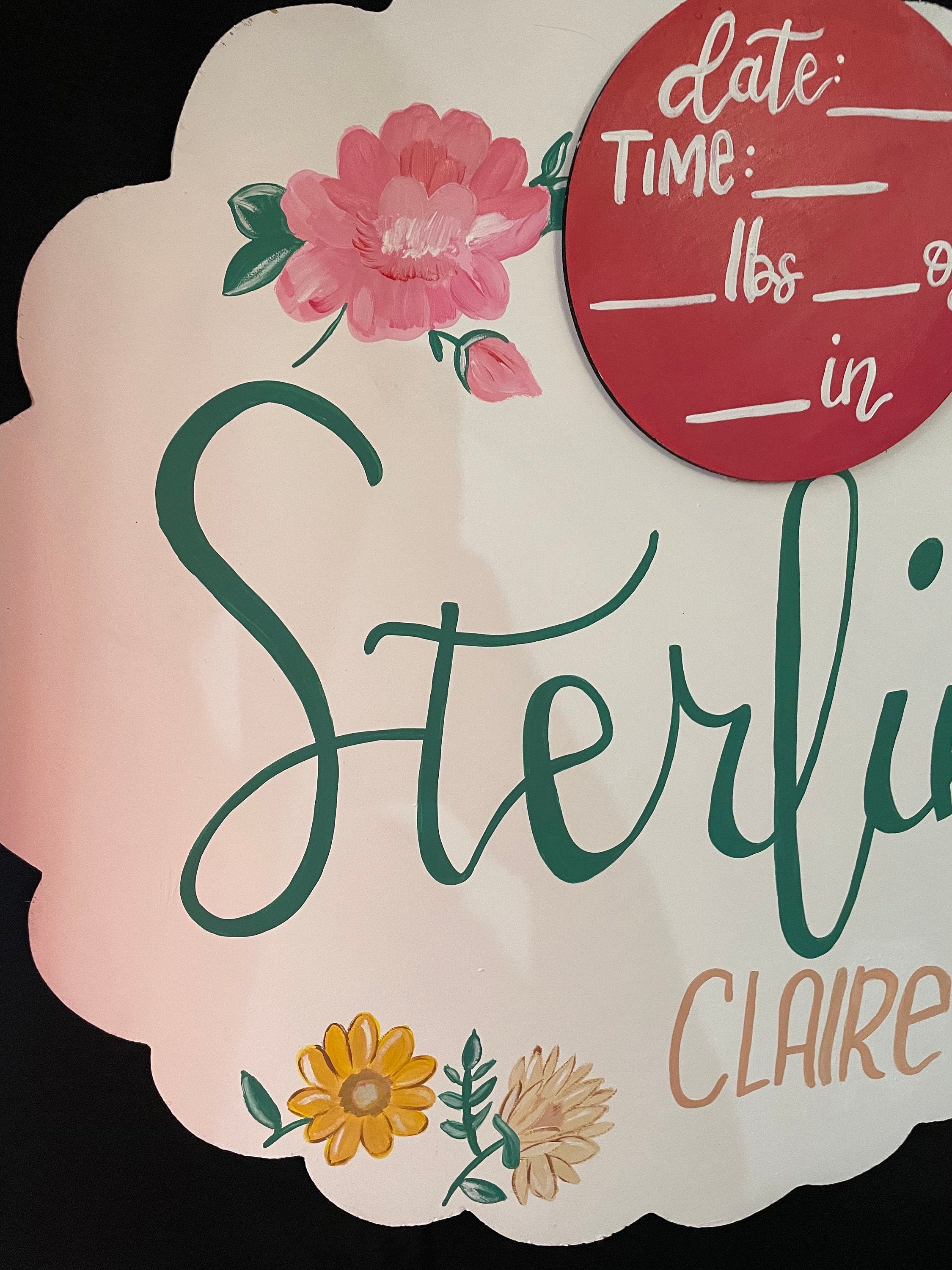 Hand Painted Flower Baby Girl Announcement Sign, Wood Hospital Door Hanger