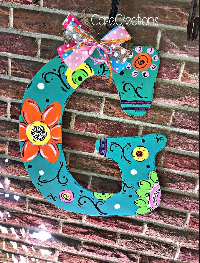 Teal Floral Letter Door Hanger, Hand-Painted Initial, Alabama Made