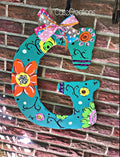Teal Floral Letter Door Hanger, Hand-Painted Initial, Alabama Made
