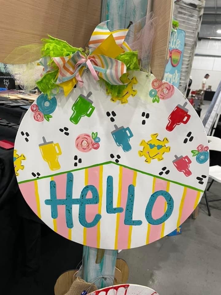 Hand Painted Summer Door Hanger, Hello, Colorful Drink Tumblers