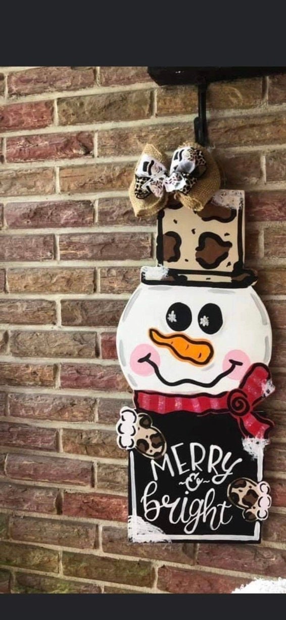 Handcrafted Leopard Print Snowman Door Hanger, Farmhouse Christmas Decor