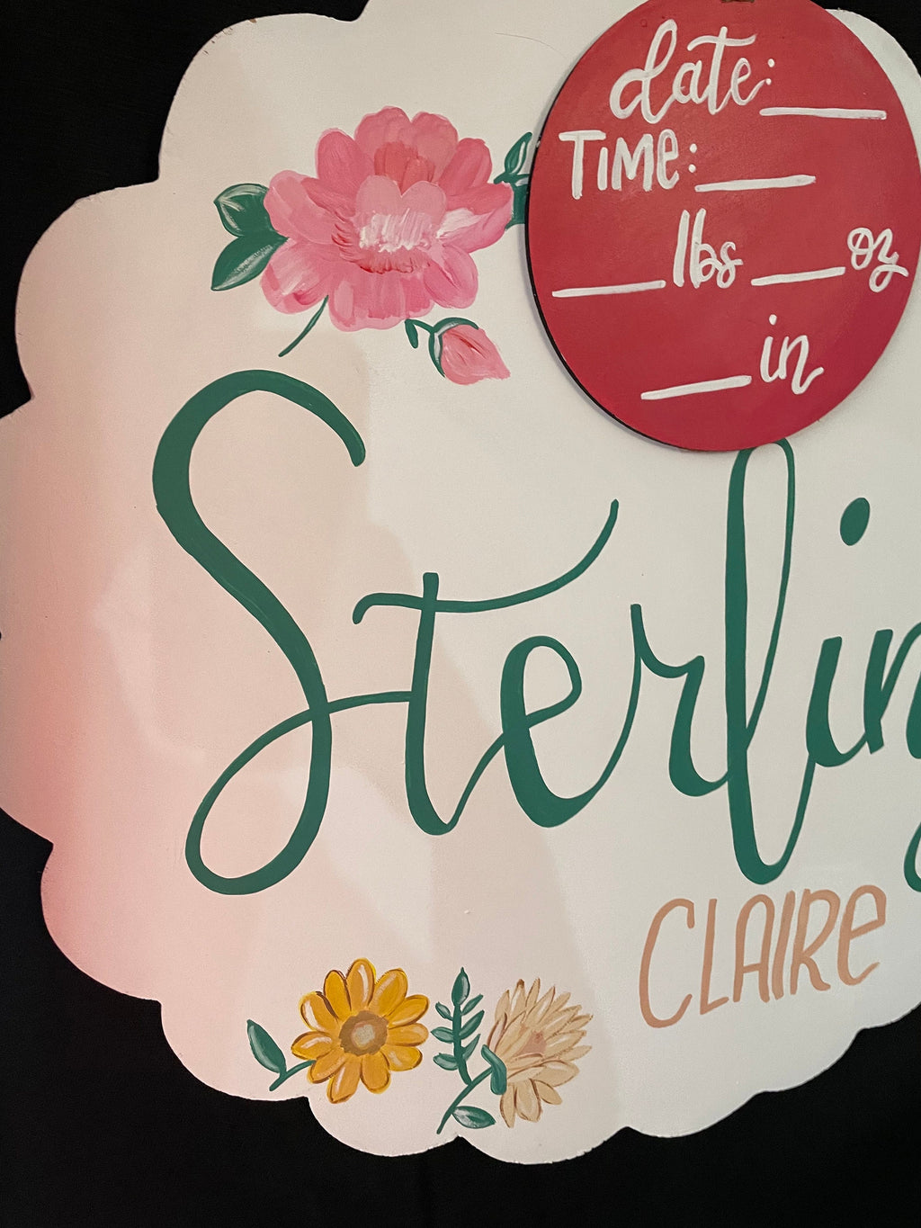 Hand Painted Flower Baby Girl Announcement Sign, Wood Hospital Door Hanger