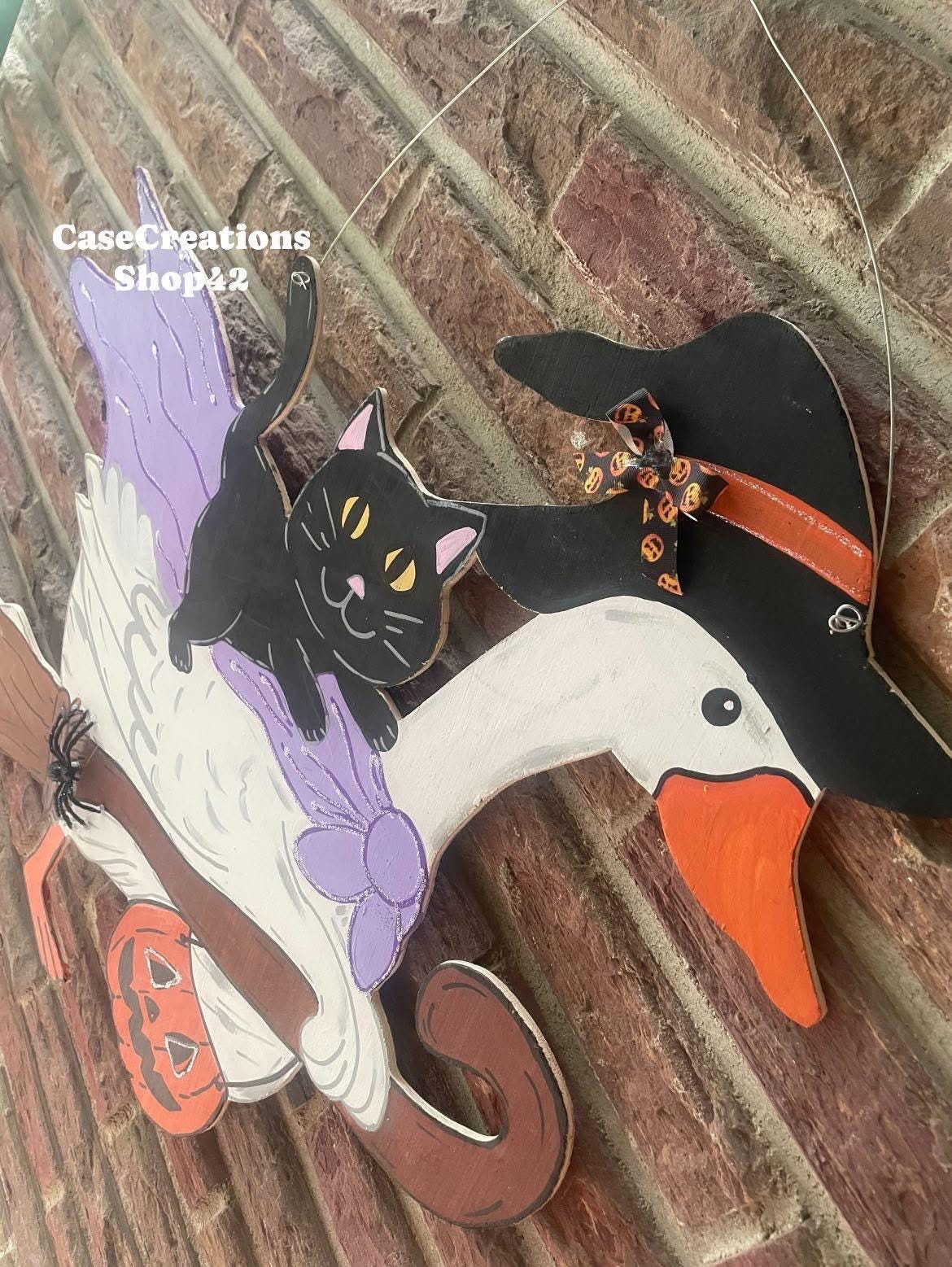 Hand Painted Witch Goose Door Hanger, Halloween Decor