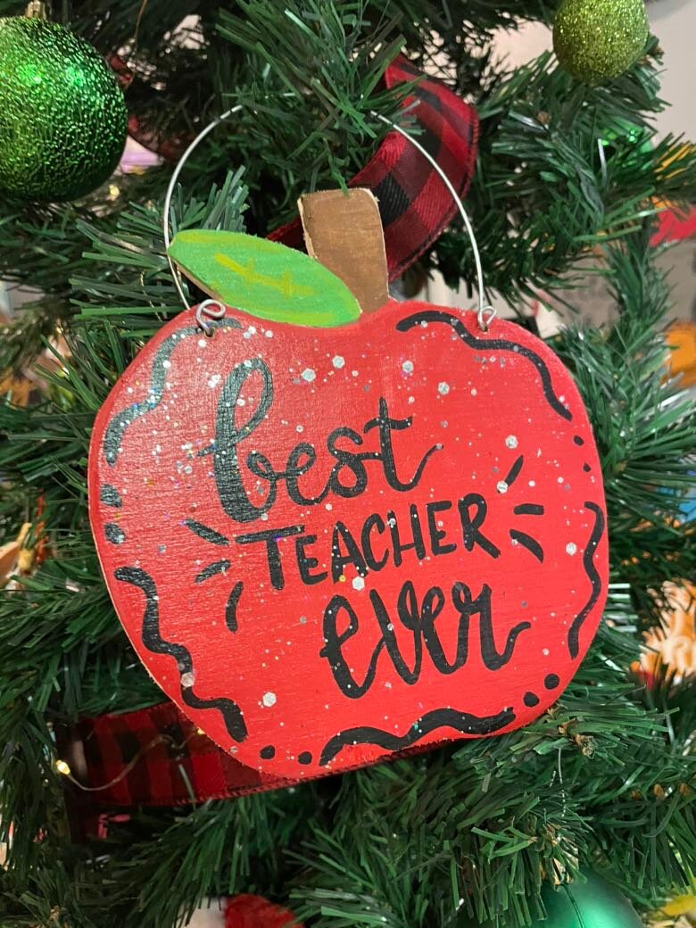 Personalized Teacher Apple Ornament, Hand-Painted Wooden Gift