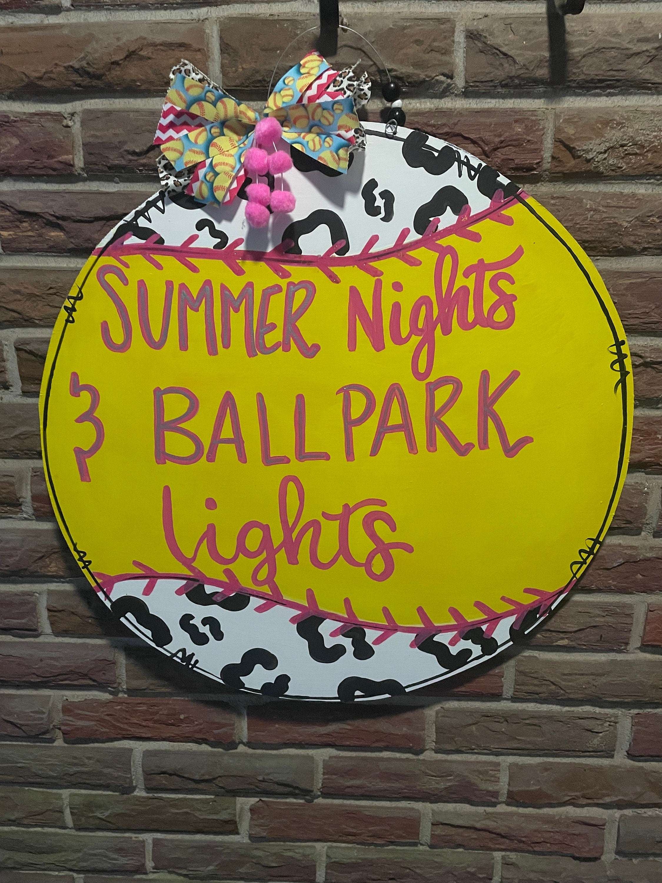 Softball door hanger, ballfield lights door hanger, baseball door hanger, ball door hanger, cute pink softball door hanger