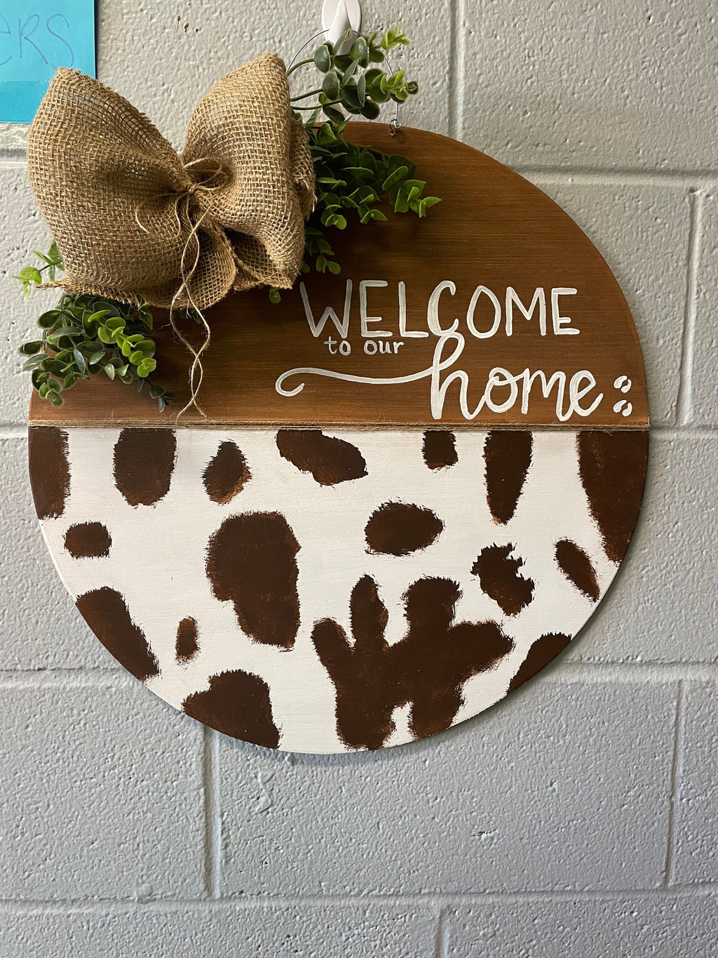 Cow Print Welcome Door Hanger, Farmhouse Wood Sign