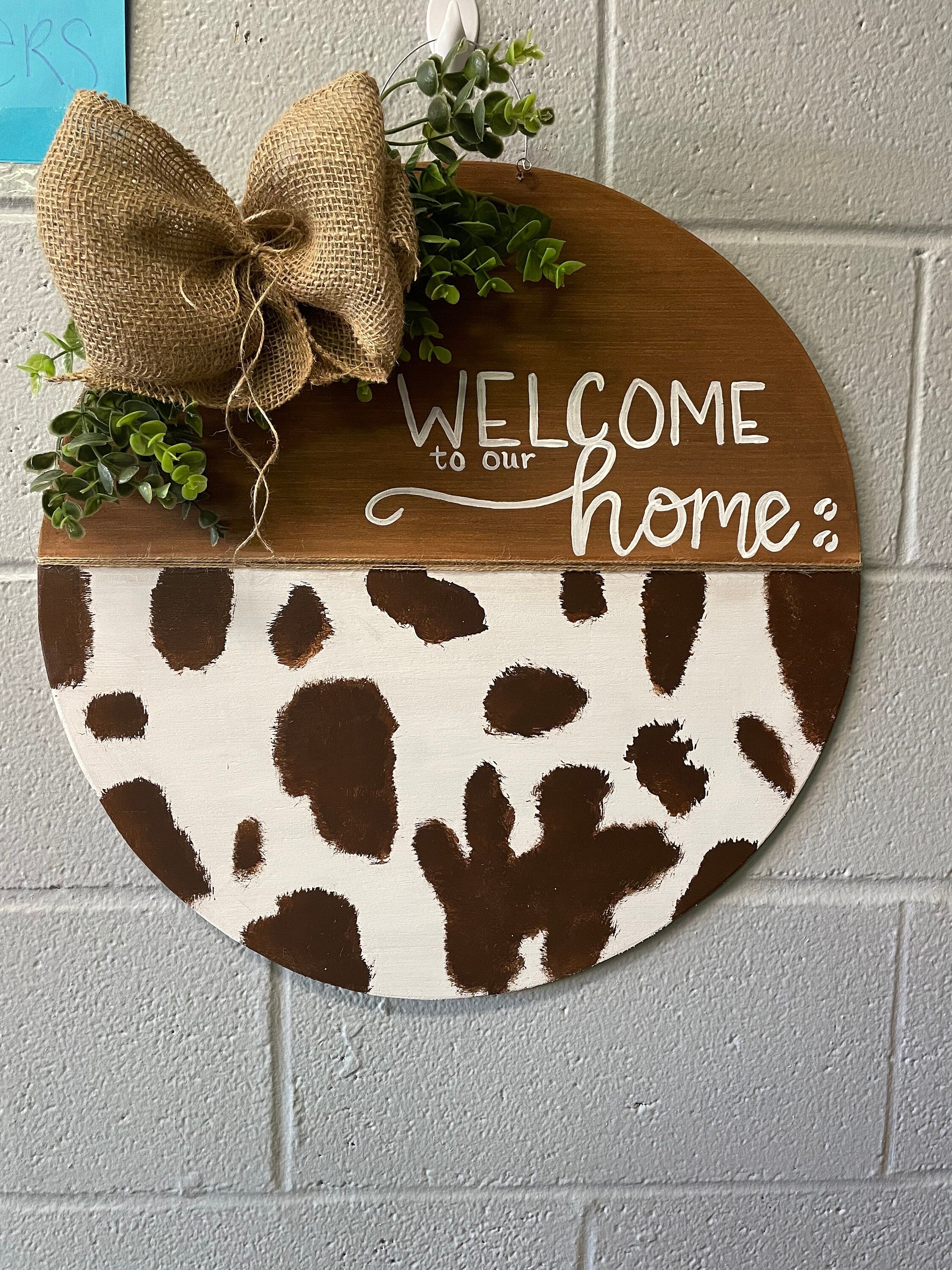 Cow Print Welcome Door Hanger, Farmhouse Wood Sign