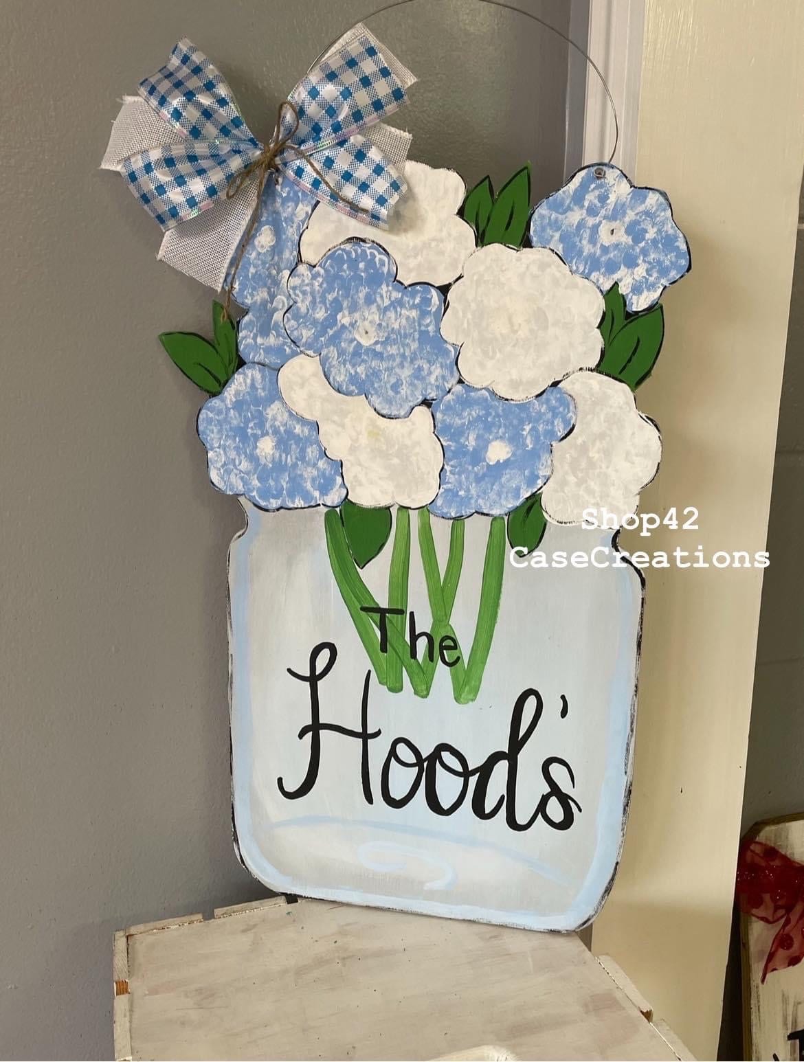 Hydrangeas flower door hanger, welcome door hanger, spring door hanger, farmhouse door hanger, mason jar door hanger, flower door hanger
