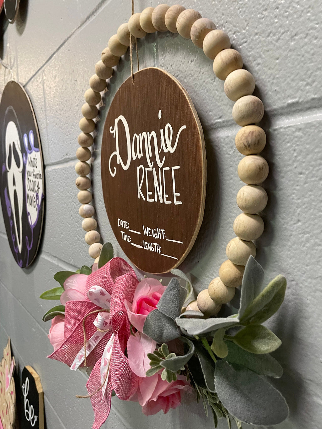 Personalized Beaded Baby Announcement Hanger, Floral Nursery Decor