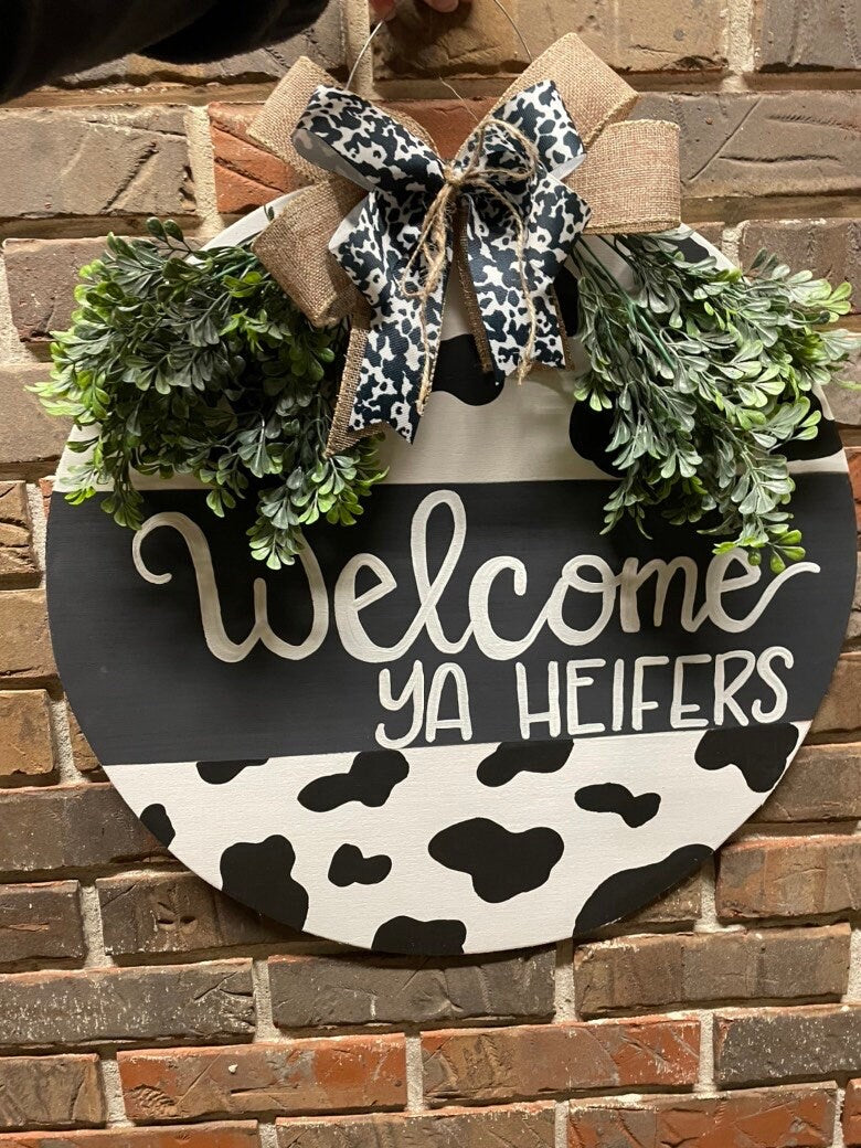 Cow print door hanger, welcome door hanger, cow door hanger, farmhouse door hanger