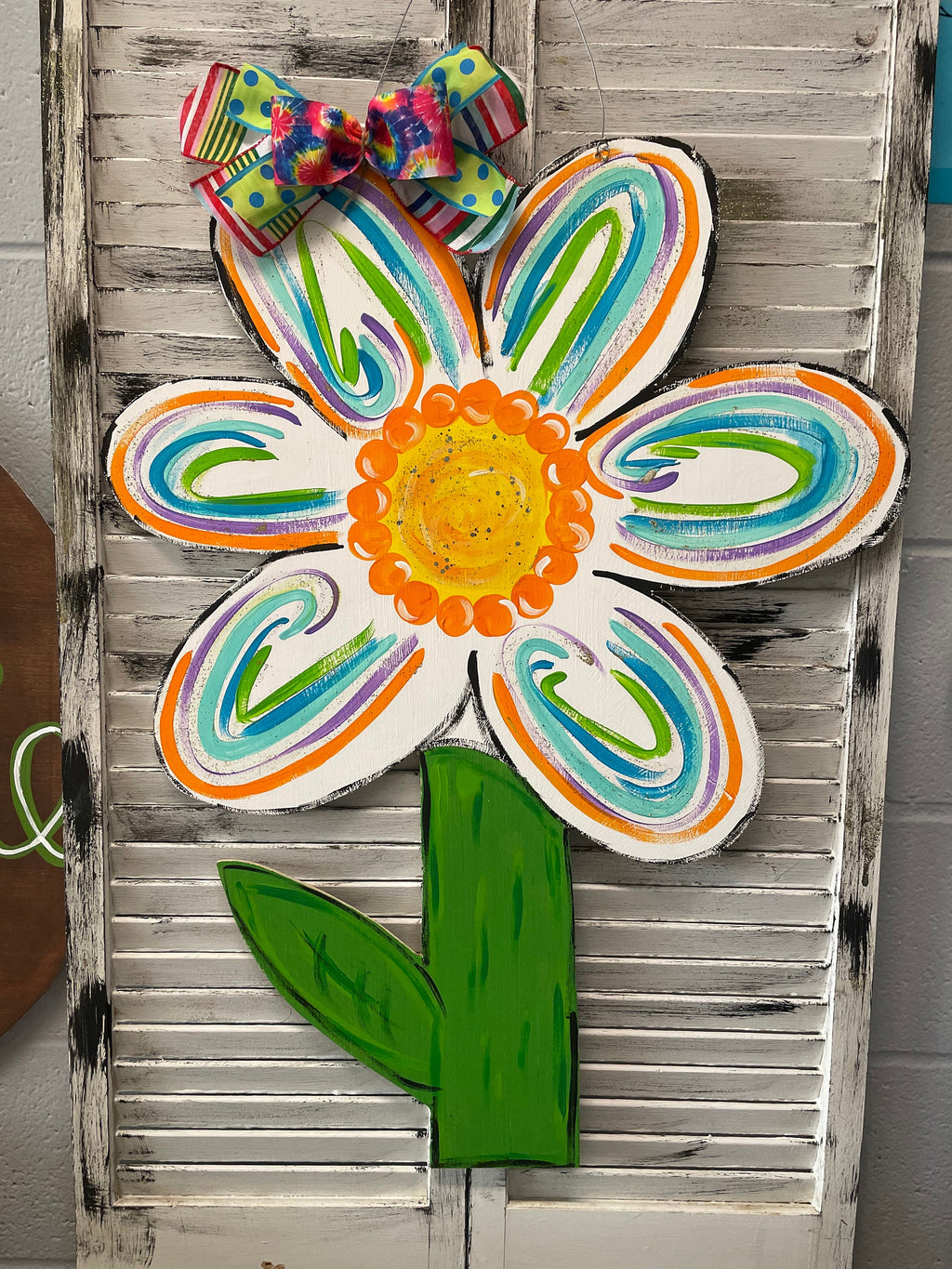 Hand Painted Flower Door Hanger, Spring Summer Decor, Wood Cutout