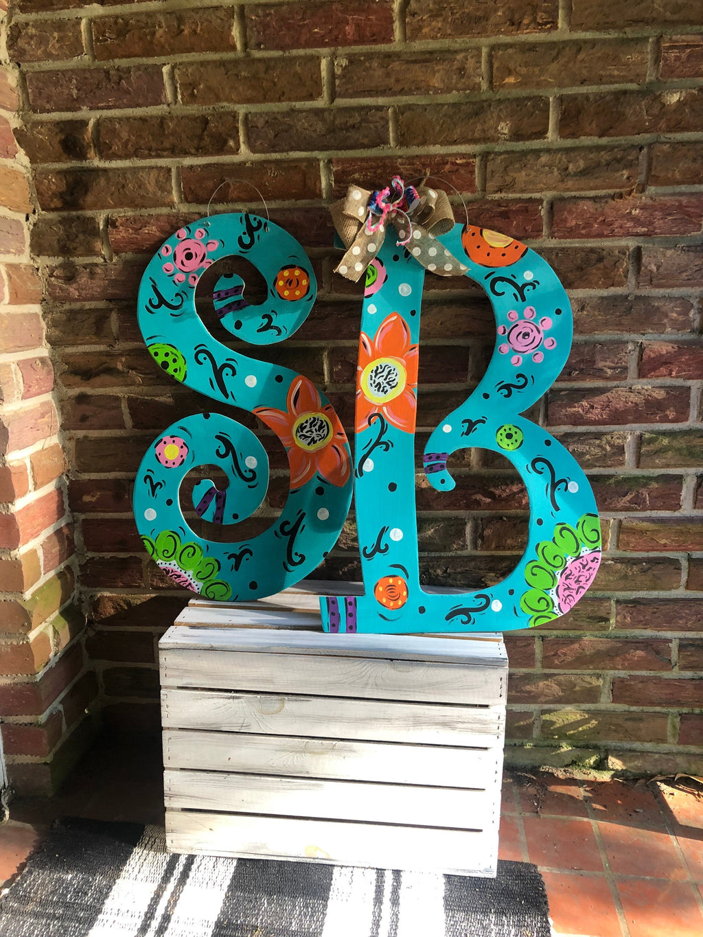 Teal Floral Letter Door Hanger, Hand-Painted Initial, Alabama Made