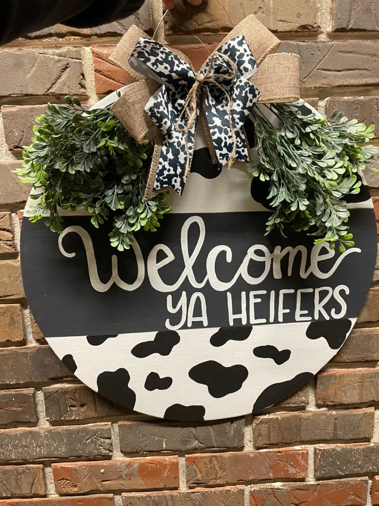 Cow print door hanger, welcome door hanger, cow door hanger, farmhouse door hanger