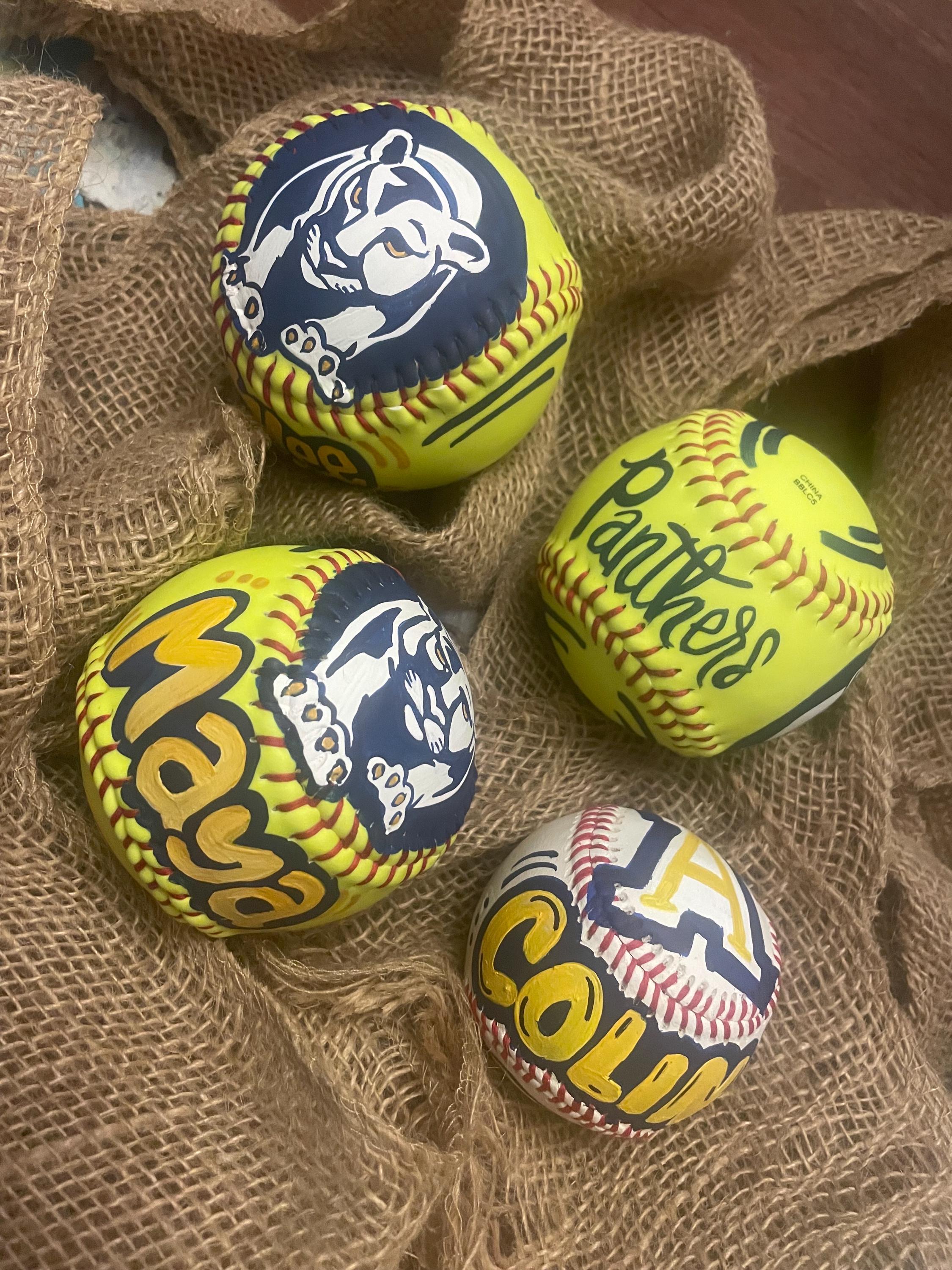 Painted Softball, Customized Softball, Personalized softball, Handpainted softball, custom sports logo softball, team name