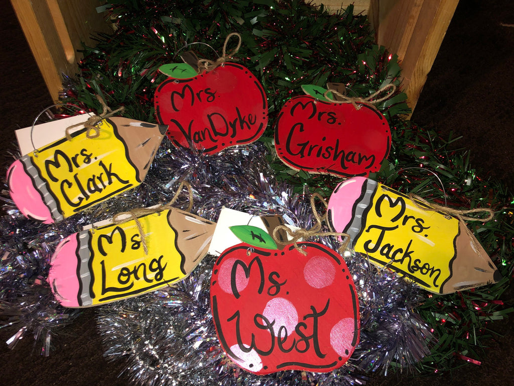 Personalized Teacher Apple Ornament, Hand-Painted Wooden Gift