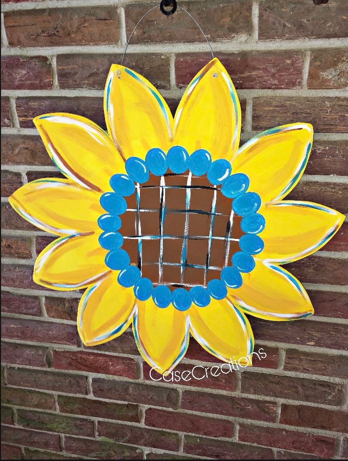 Handmade Sunflower Door Hanger with Teal Accents, Fall Decor