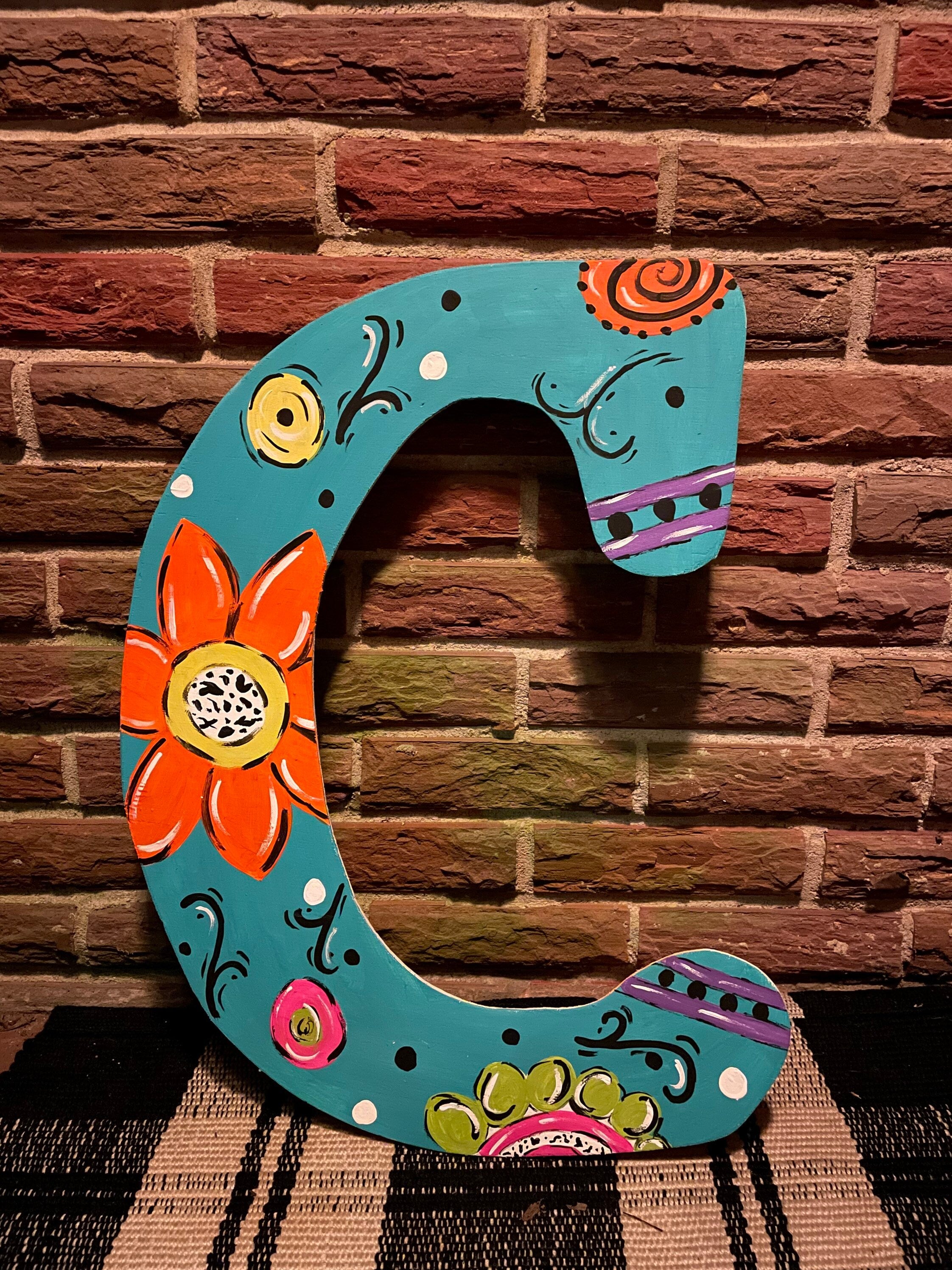Teal Floral Letter Door Hanger, Hand-Painted Initial, Alabama Made