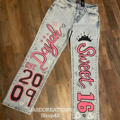 SHORTS LISTING-concert painted jeans, custom jeans, hand painted jeans, senior jeans, u ship me the jeans-I paint and ship back