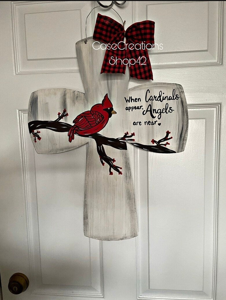 Cardinal Cross door hanger, Christmas door hanger, Cross door hanger, Cardinal memory door hanger
