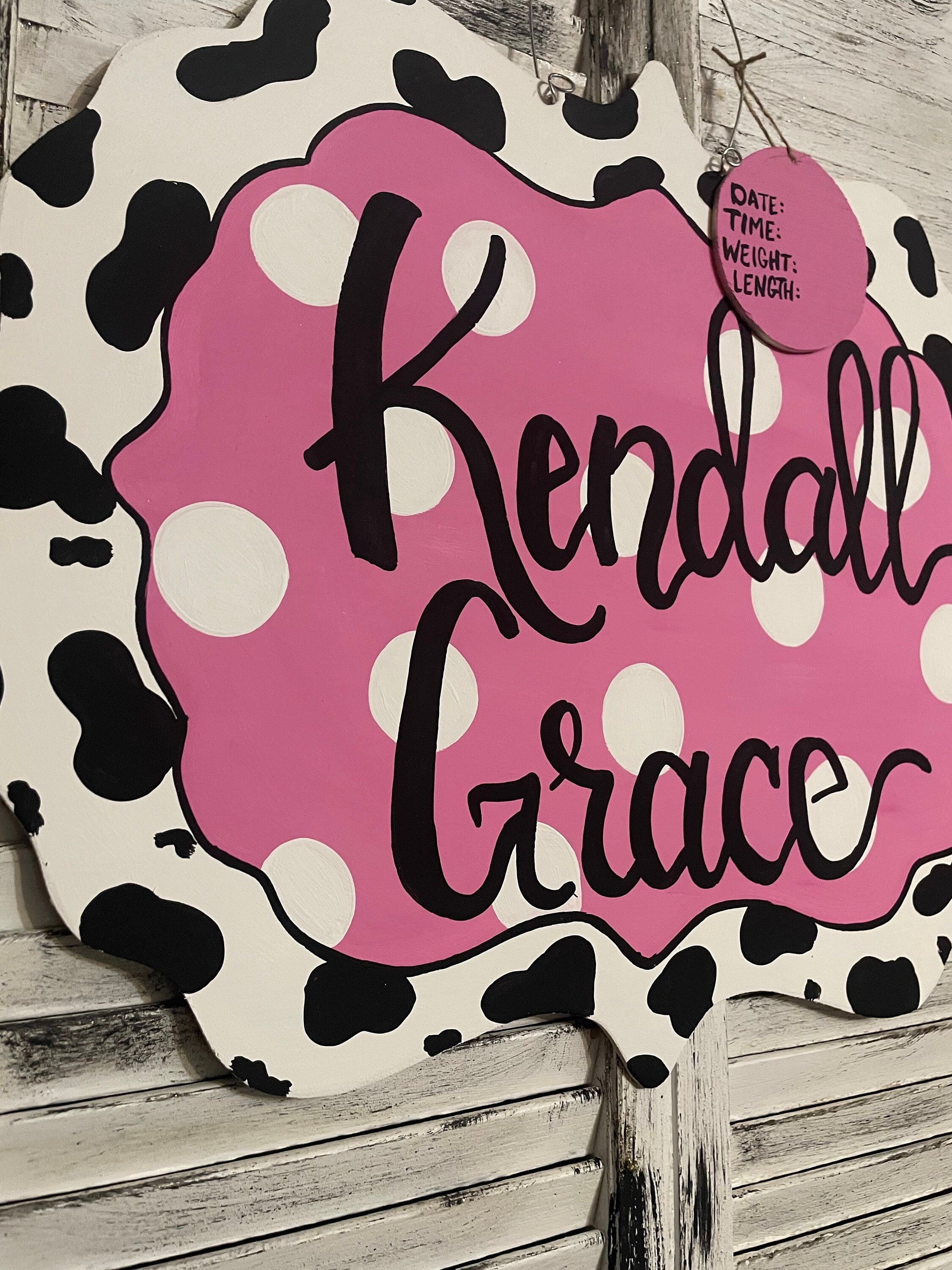 Handmade Cow Print Baby Girl Announcement Sign, Pink Nursery Decor