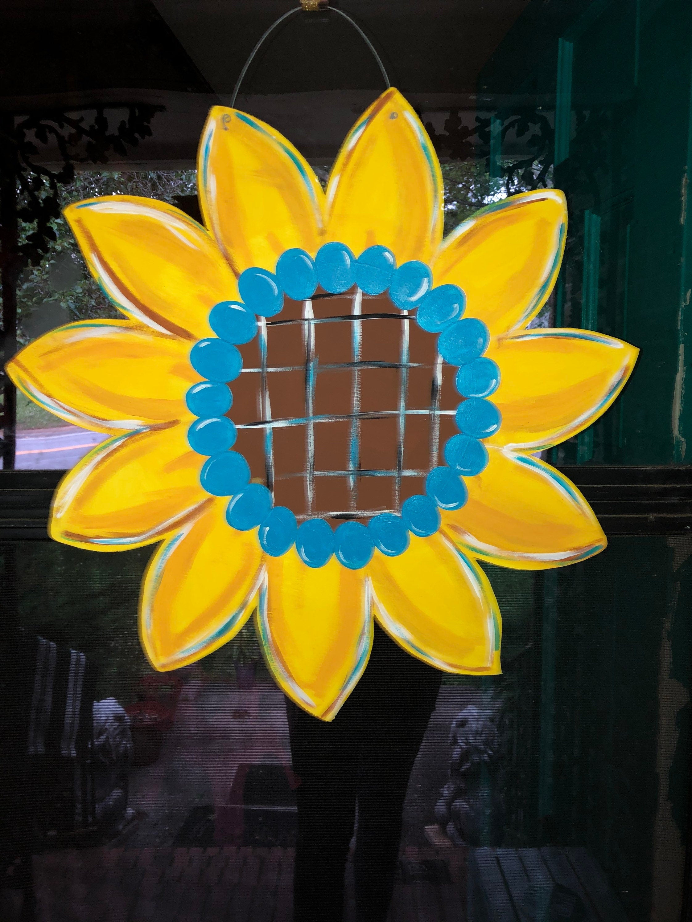 Handmade Sunflower Door Hanger with Teal Accents, Fall Decor
