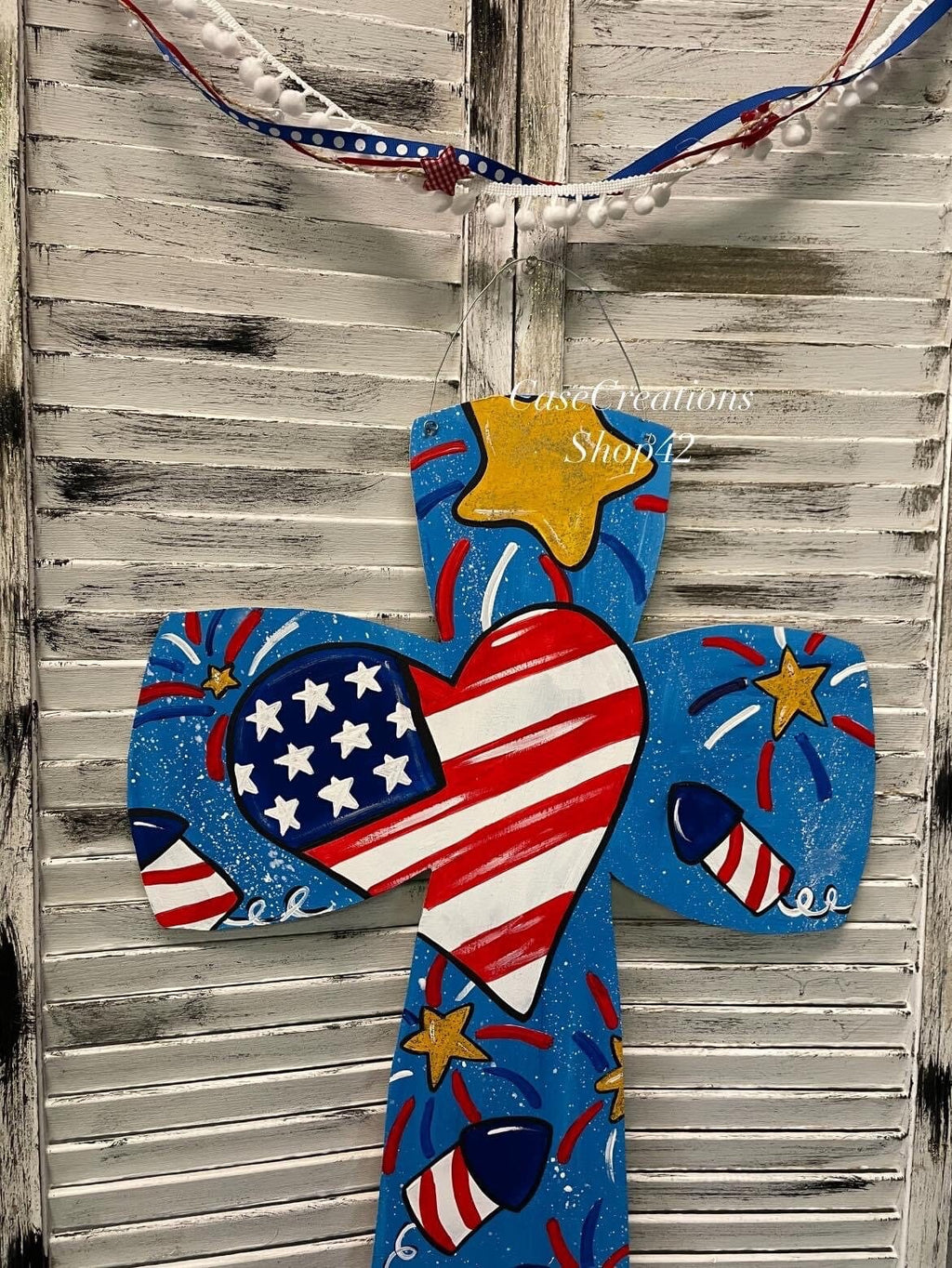 4th of July Door hanger, Patriotic Door Hanger, cross door Hanger, Red,White, Blue Door hanger, American Flag cross door Hanger