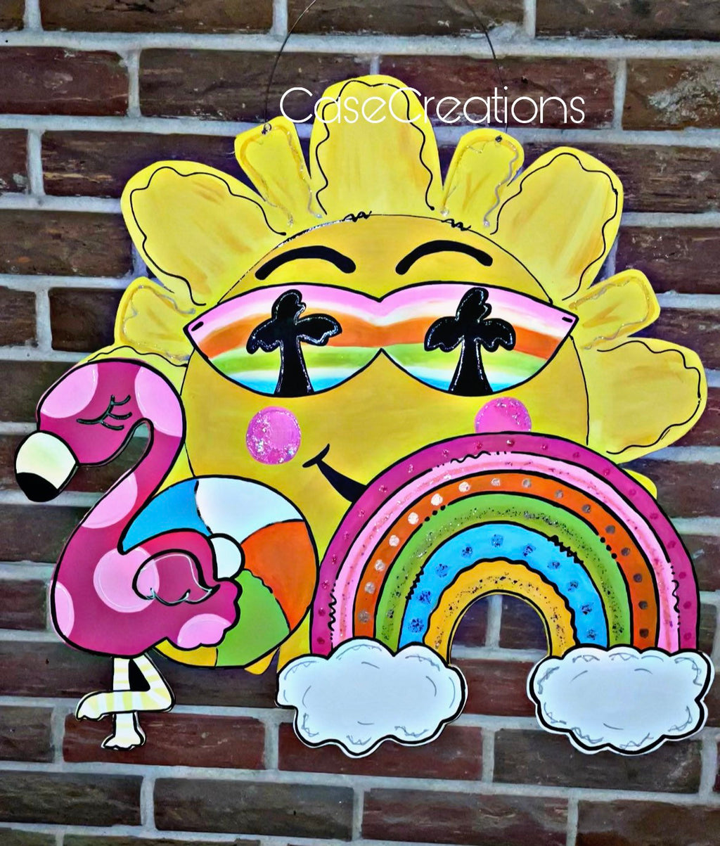 Hand Painted Sunny Flamingo Plywood Door Hanger, Summer Rainbow Decor (22")