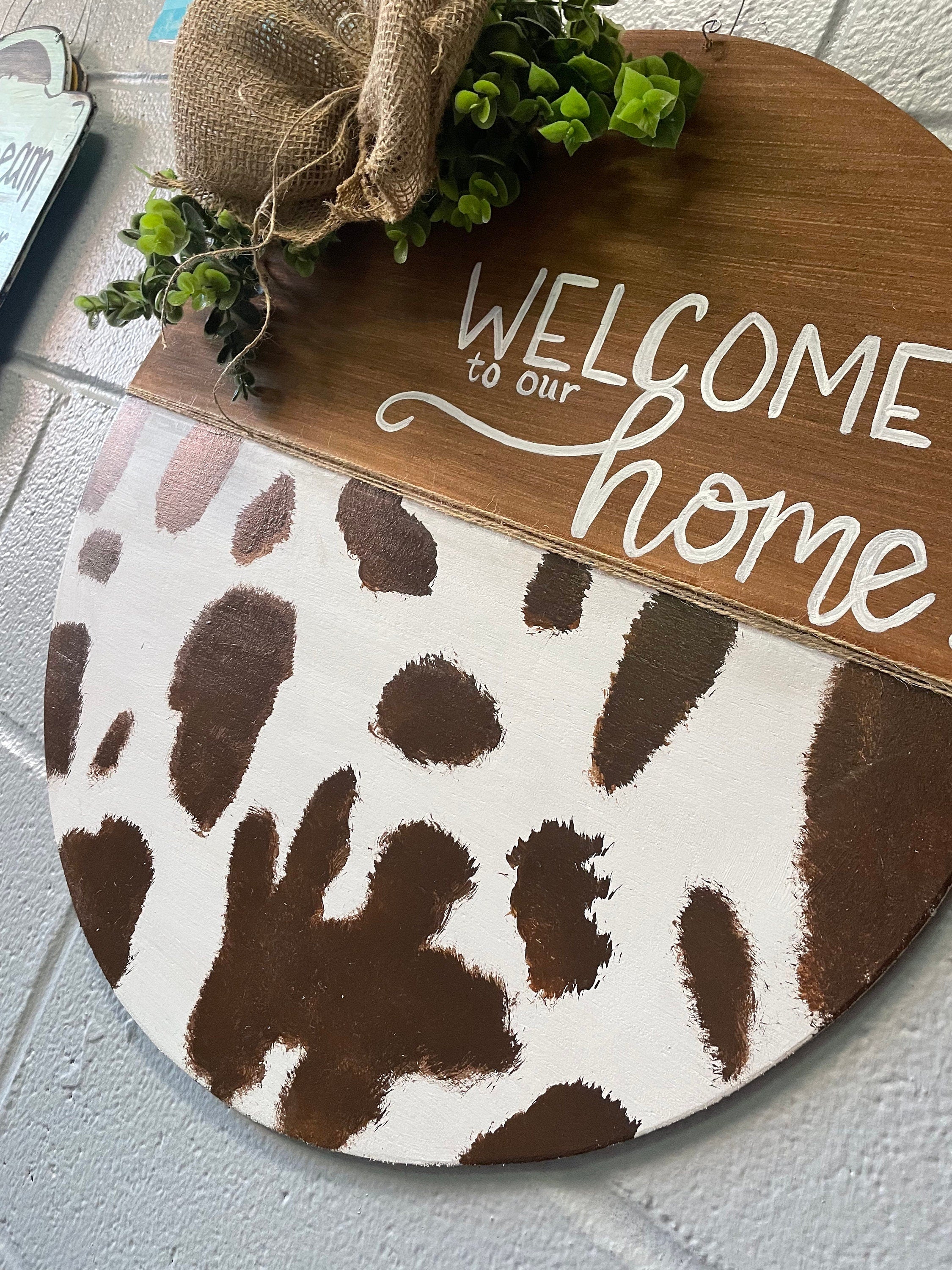 Cow Print Welcome Door Hanger, Farmhouse Wood Sign