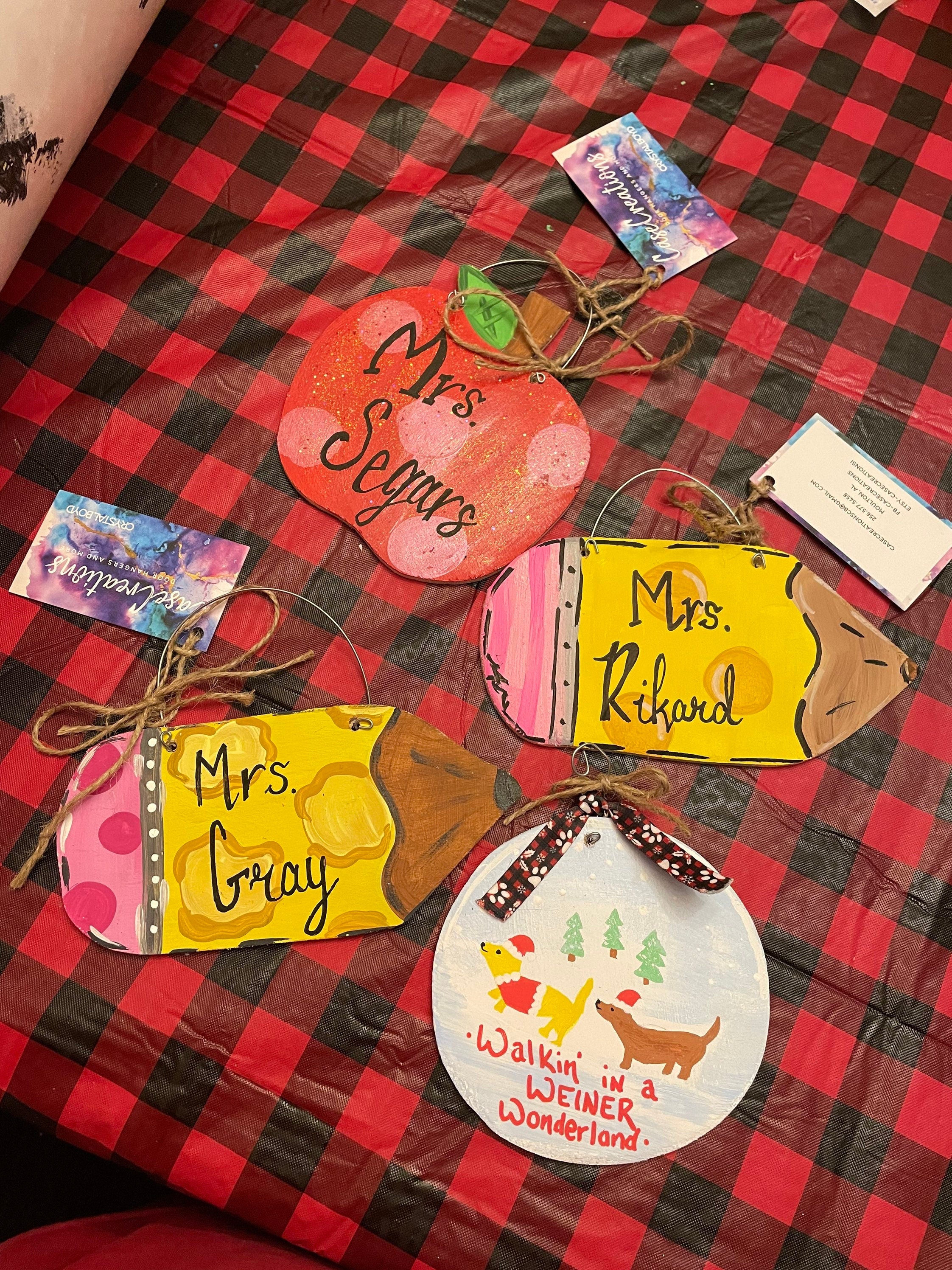 Personalized Teacher Apple Ornament, Hand-Painted Wooden Gift