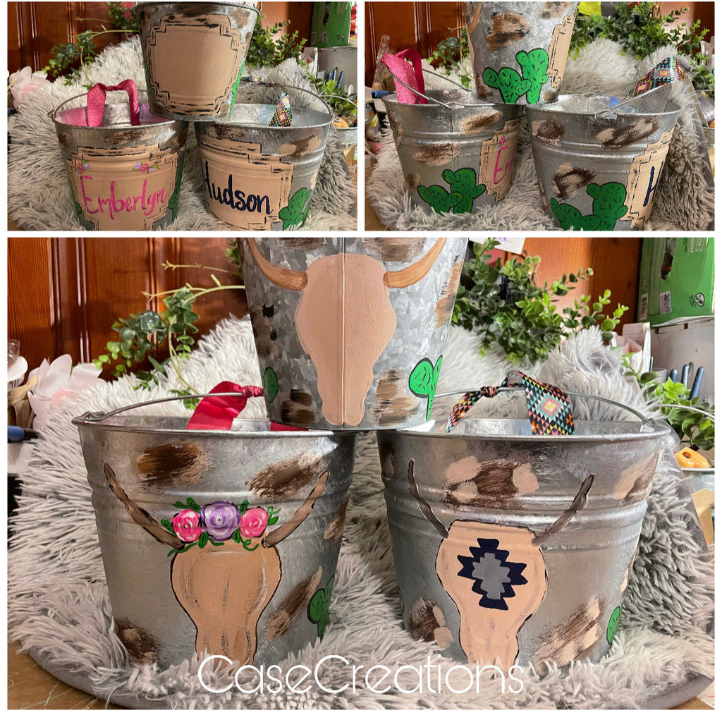 Painted Halloween buckets, Halloween Baskets Galvanized metal  Buckets, Hand Painted Halloween Pails, Hand Painted Kids Bucket with name on