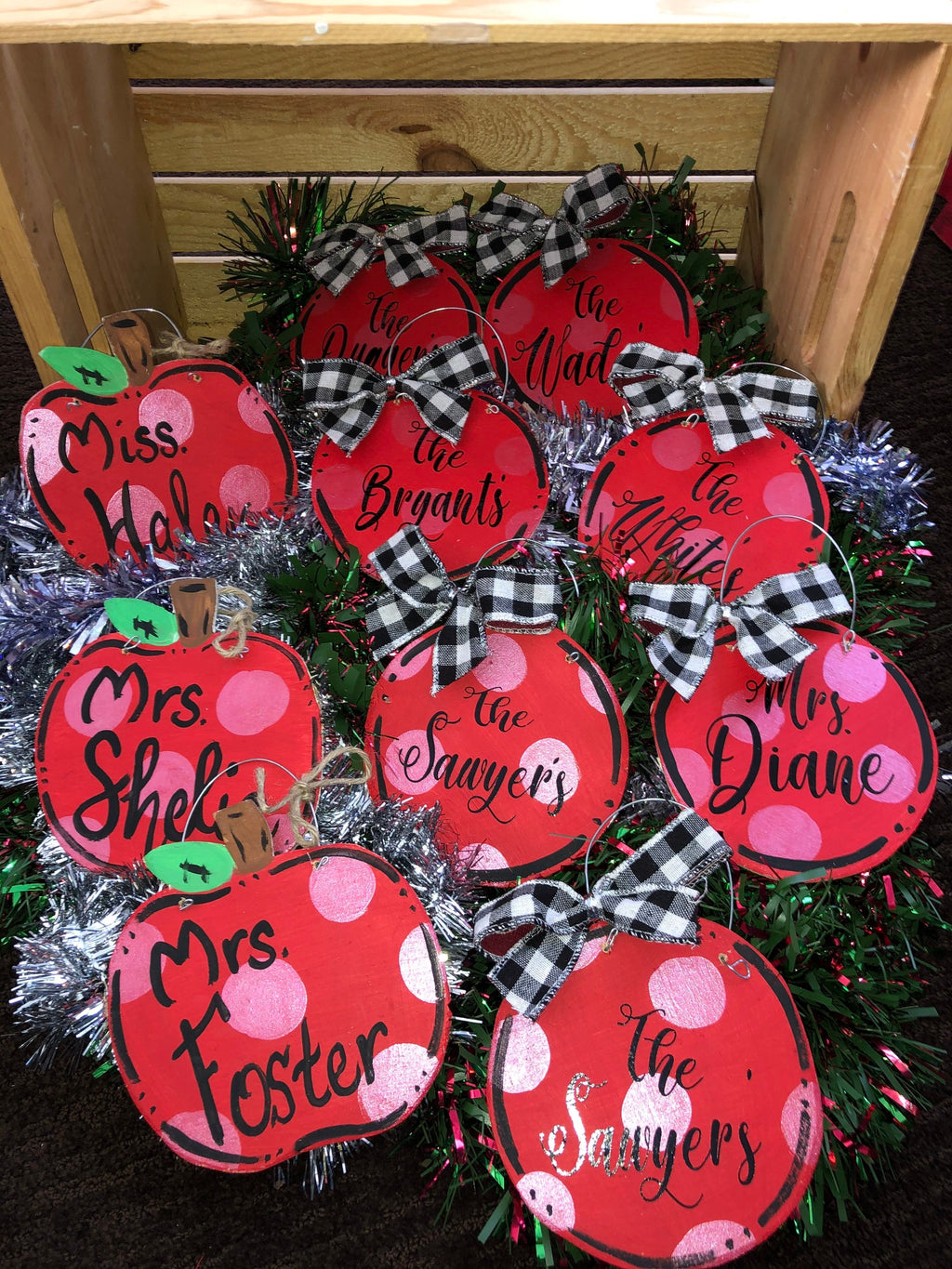 Personalized Teacher Apple Ornament, Hand-Painted Wooden Gift