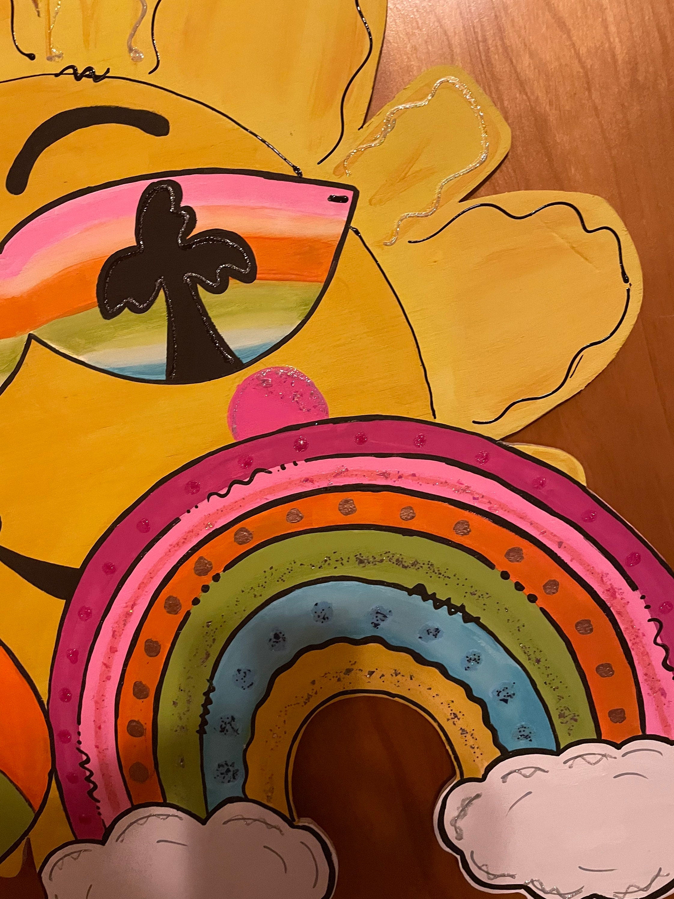 Hand Painted Sunny Flamingo Plywood Door Hanger, Summer Rainbow Decor (22")