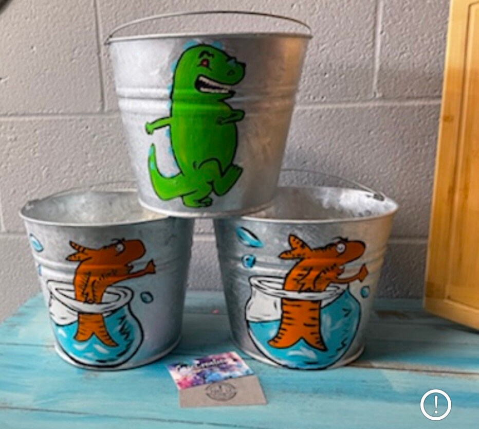 Painted personalized buckets, Halloween baskets,  Galvanized metal Halloween Buckets, Hand Painted easter Pails, Hand Painted with name