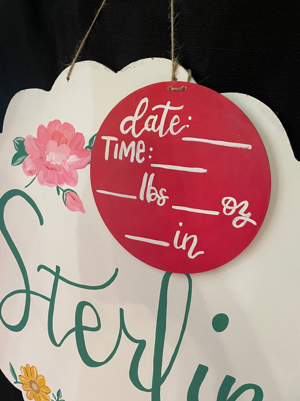 Hand Painted Flower Baby Girl Announcement Sign, Wood Hospital Door Hanger