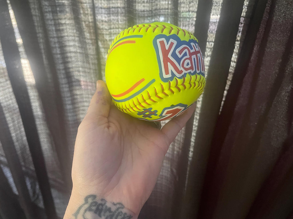 Painted Softball, Customized Softball, Personalized softball, Handpainted softball, custom sports logo softball, team name