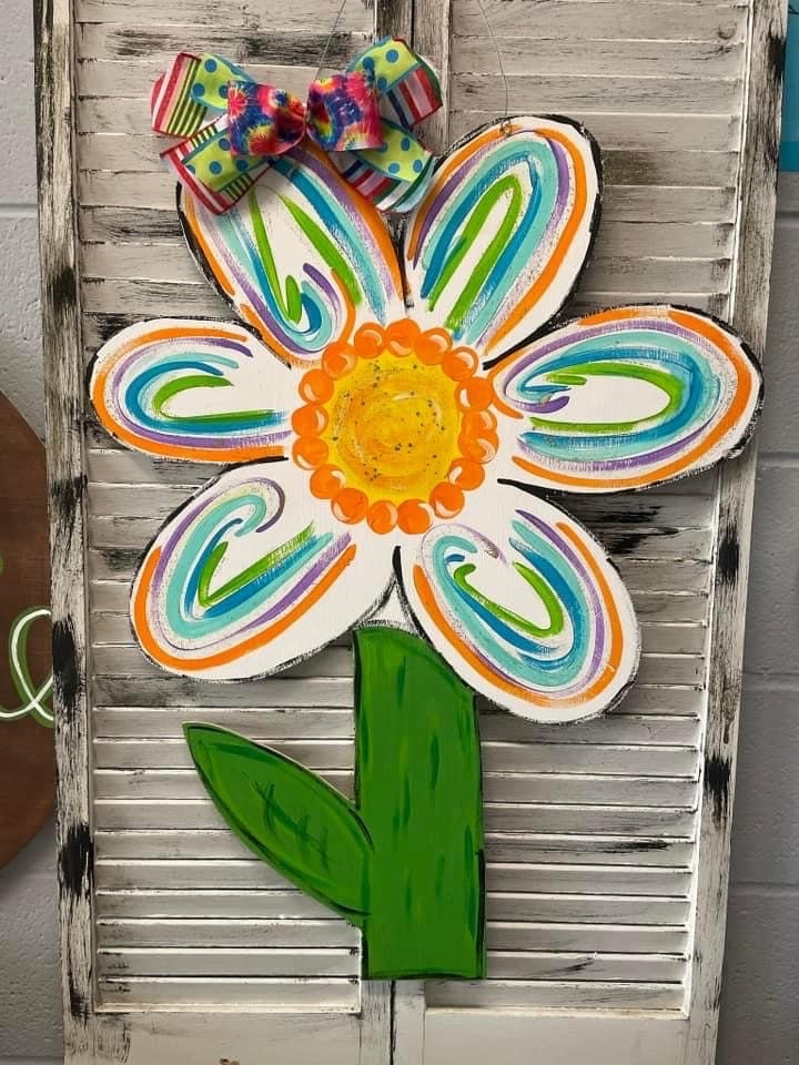 Hand Painted Flower Door Hanger, Spring Summer Decor, Wood Cutout