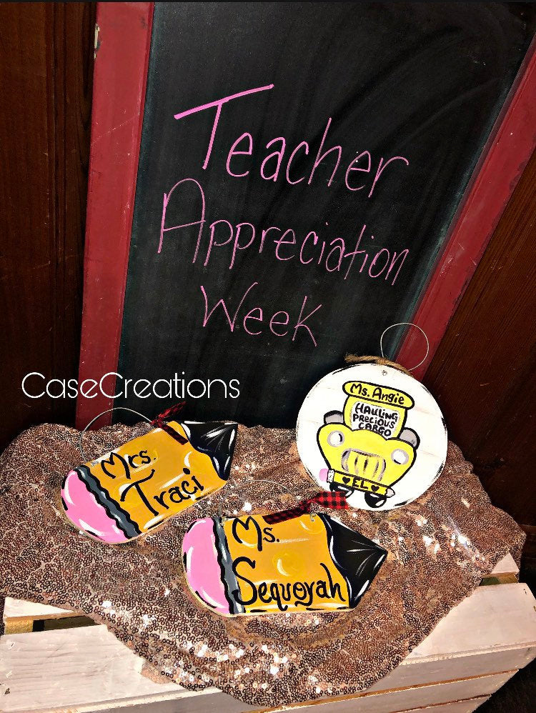 Personalized Teacher Apple Ornament, Hand-Painted Wooden Gift