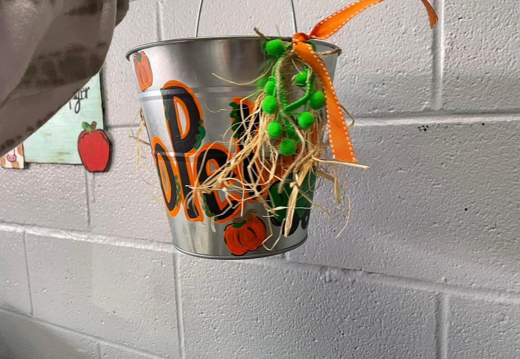 Painted personalized buckets, Halloween baskets,  Galvanized metal Halloween Buckets, Hand Painted easter Pails, Hand Painted with name