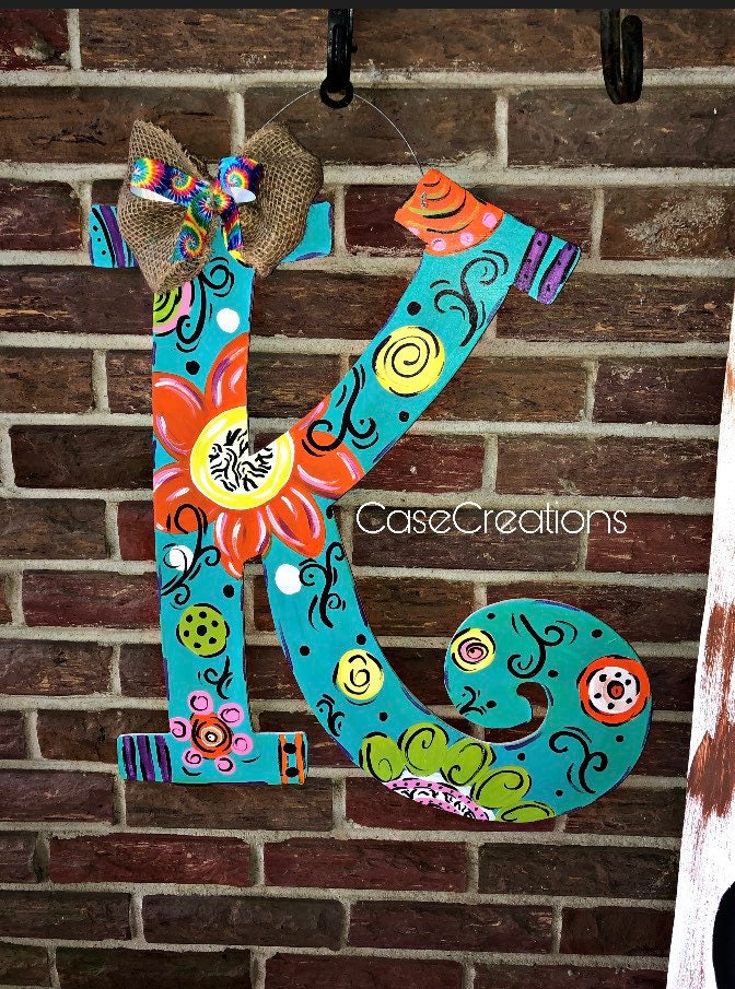 Teal Floral Letter Door Hanger, Hand-Painted Initial, Alabama Made