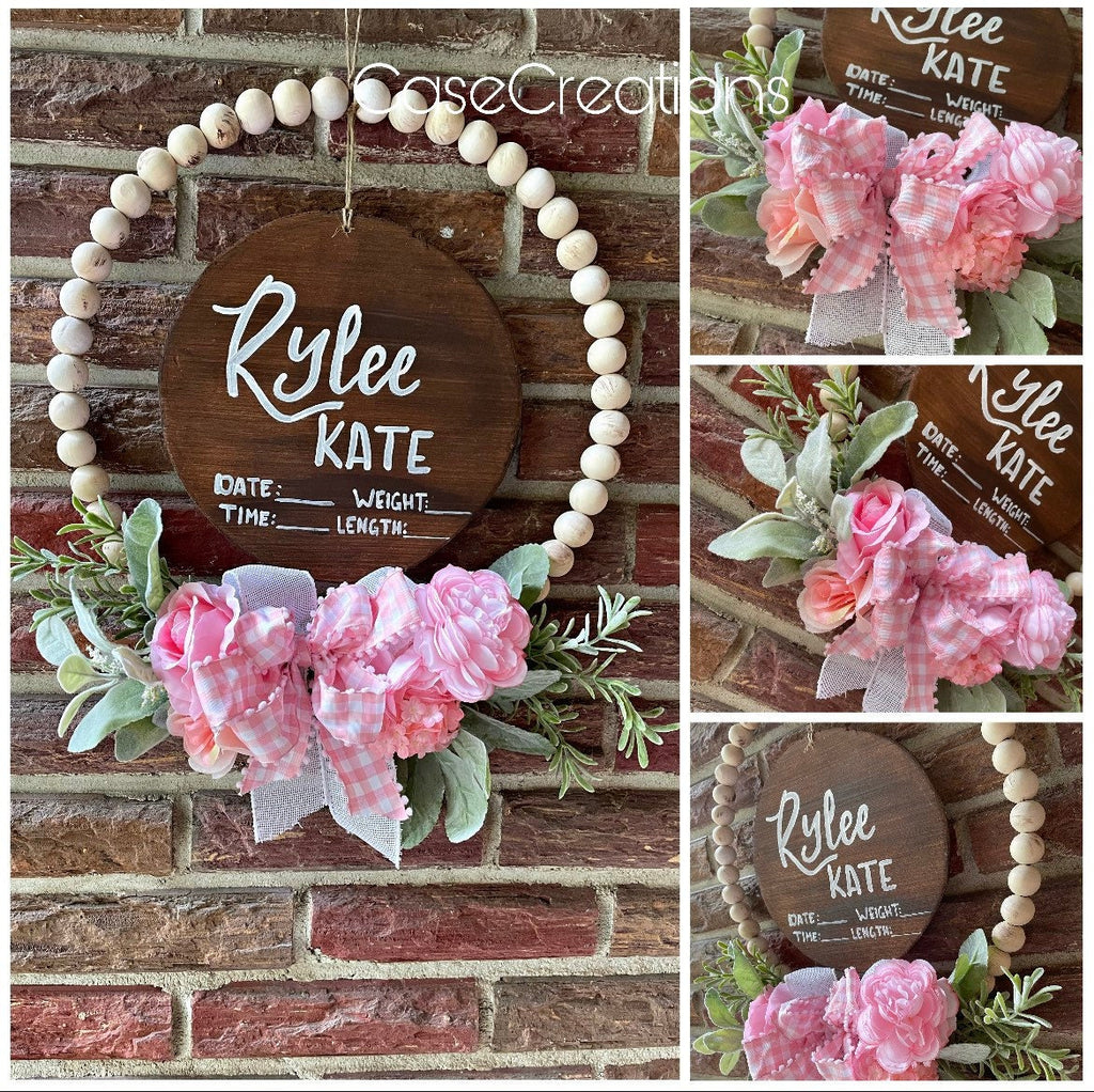 Personalized Beaded Baby Announcement Hanger, Floral Nursery Decor