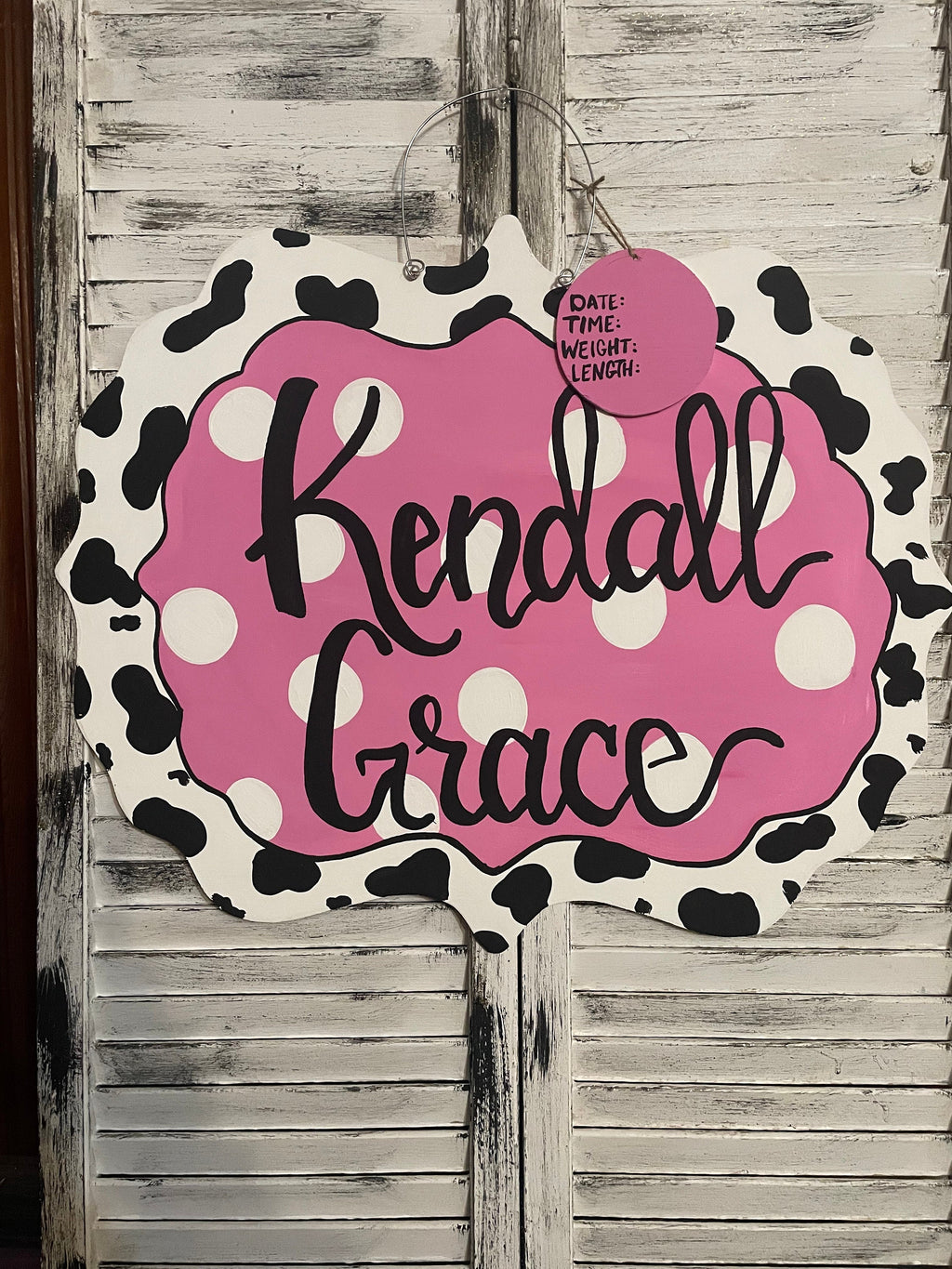 Handmade Cow Print Baby Girl Announcement Sign, Pink Nursery Decor