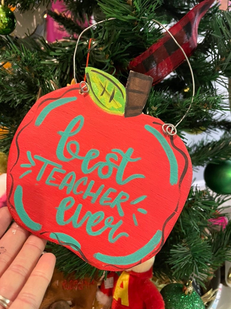Personalized Teacher Apple Ornament, Hand-Painted Wooden Gift
