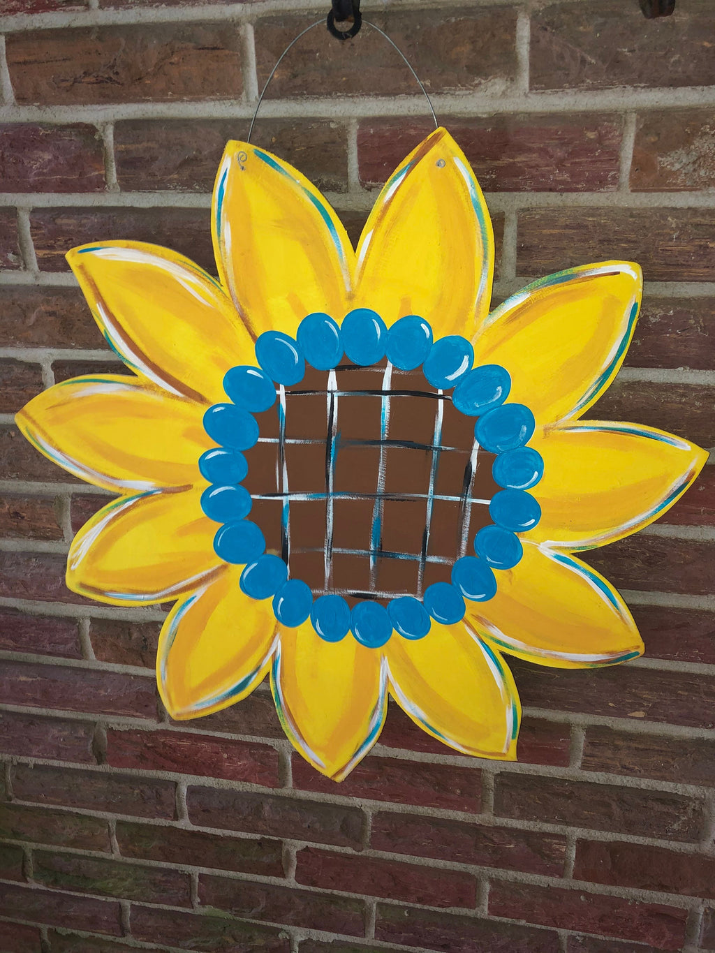 Handmade Sunflower Door Hanger with Teal Accents, Fall Decor