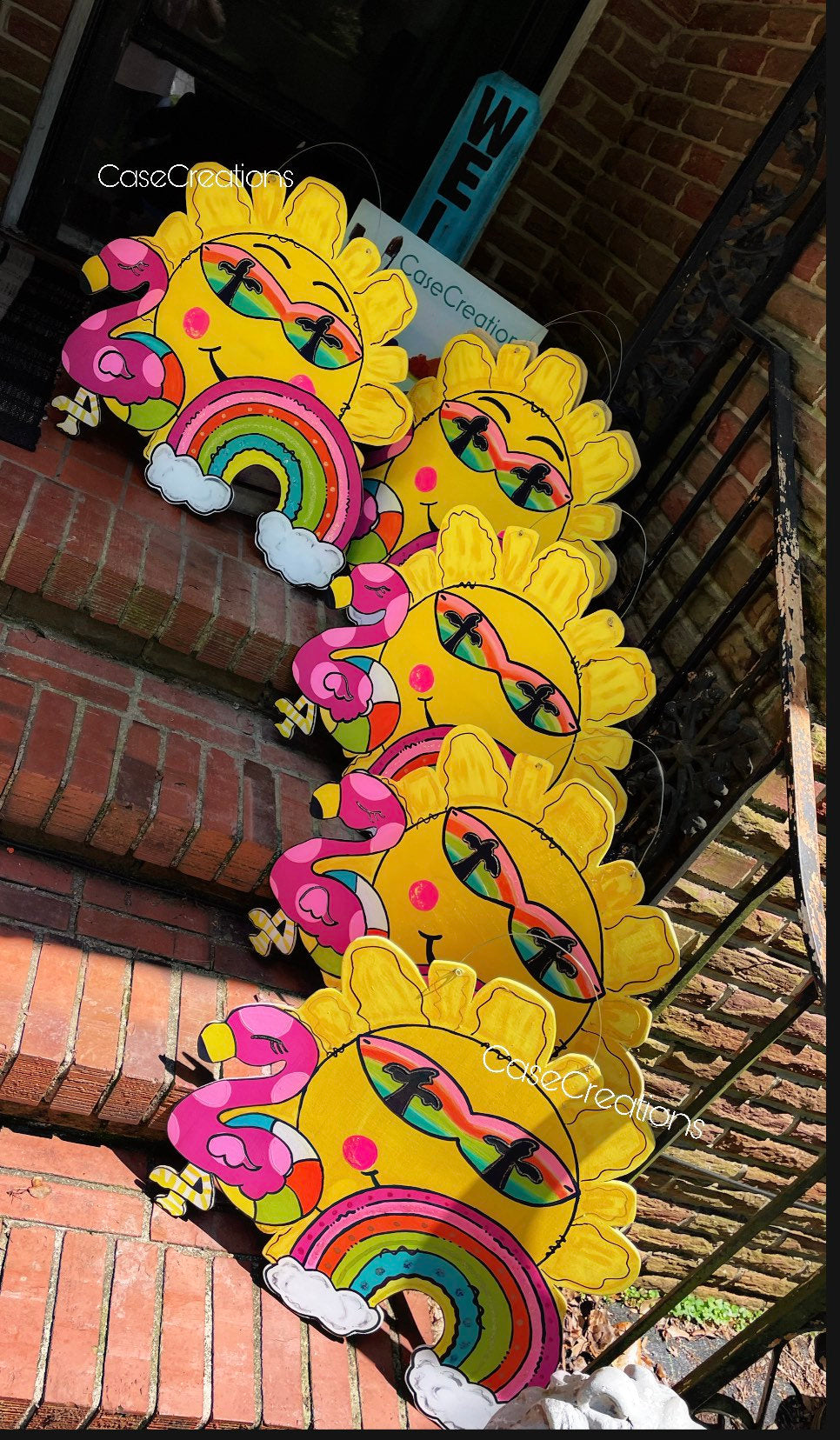 Hand Painted Sunny Flamingo Plywood Door Hanger, Summer Rainbow Decor (22")