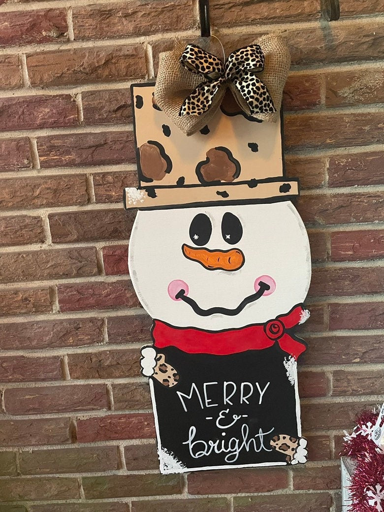 Handcrafted Leopard Print Snowman Door Hanger, Farmhouse Christmas Decor