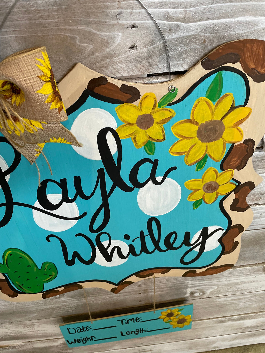 Baby Girl hospital sign, Cow print Sunflower Baby Door Hanger, Baby Girl Announcement Sign, Baby girl door hanger, Hospital Baby Hanger